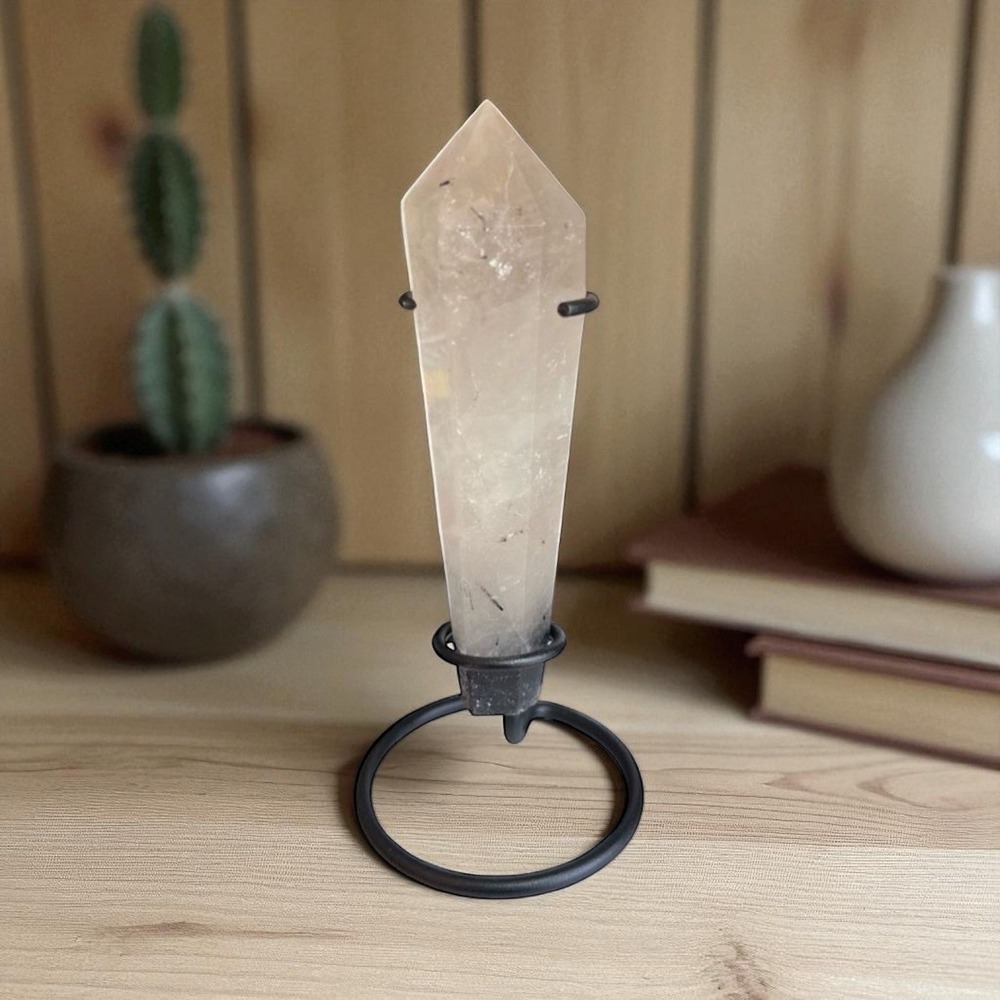 Black Rutilated Quartz Healing Wand with‎ Display Stand | Modern Crystal Decor